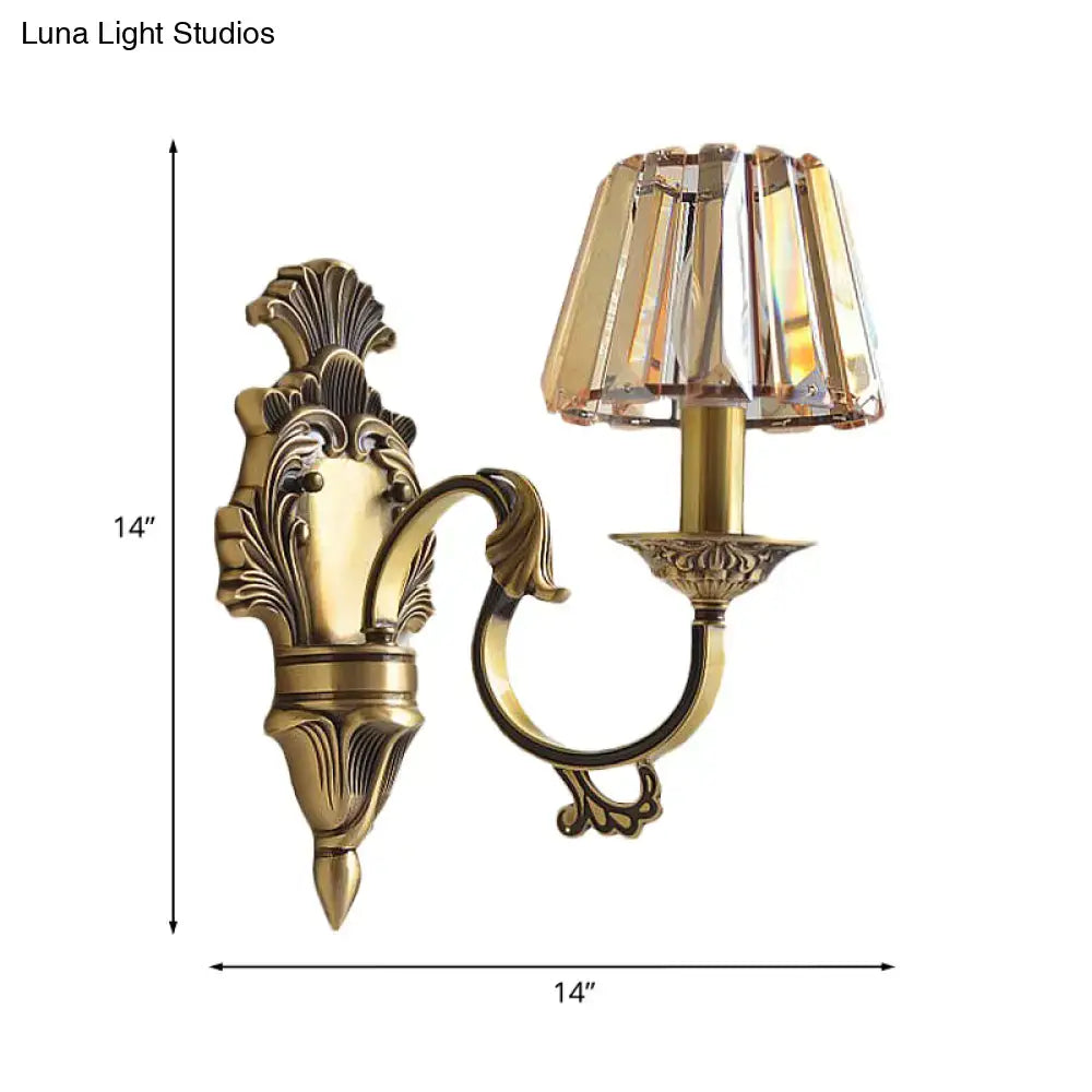 Antique brass wavy arm bedroom wall lamp with faceted crystal shade compatible with e12 e14 bulbs
