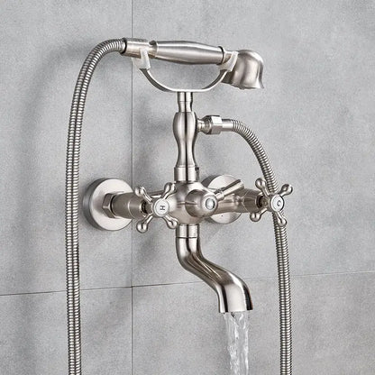 Brushed stainless steel bathtub faucet with cross handles and handheld showerhead decorbites dual handle design