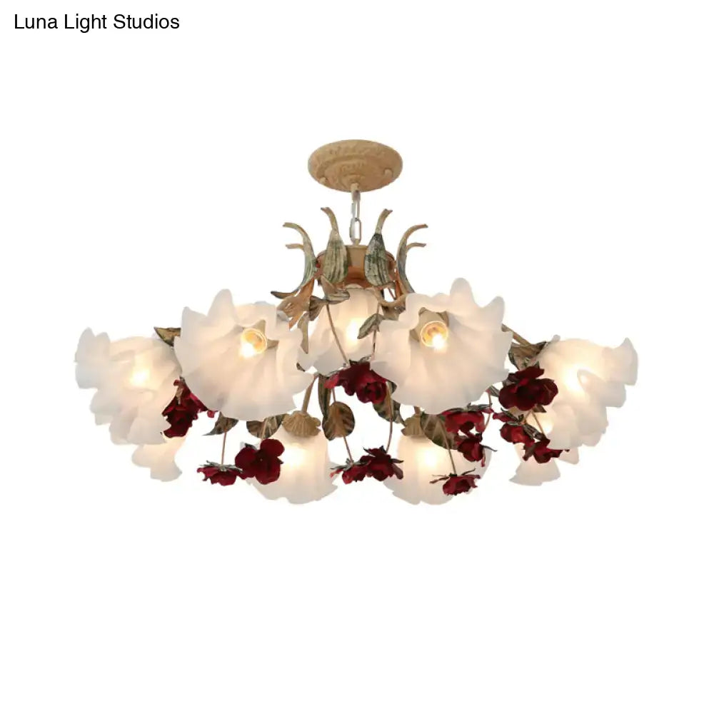 DecorBites™ Pastoral red floral glass chandelier with white and deep red shades and bronze metalwork for living room ceiling lighting