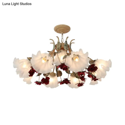 DecorBites™ Pastoral red floral glass chandelier with white and deep red shades and bronze metalwork for living room ceiling lighting