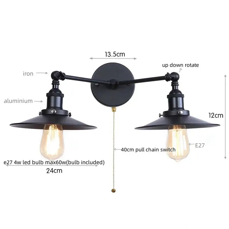 Black industrial-style wall lamp with two adjustable rustic led arms and vintage edison bulbs for bedroom decorbites
