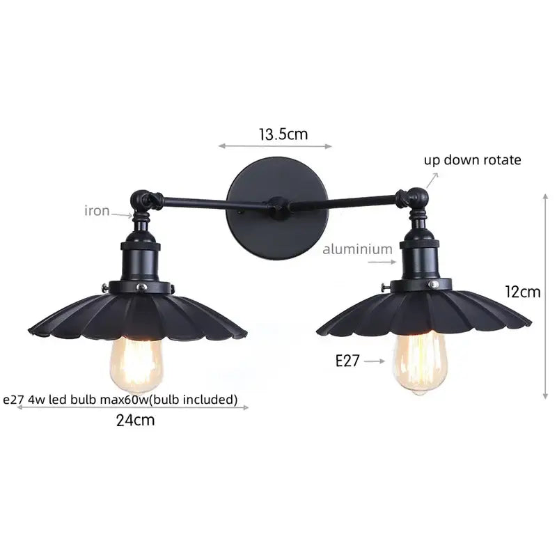 Black wrought iron and aluminum wall lamp with two adjustable fluted lampshades featuring e27 led bulbs decorbites adjustable rustic