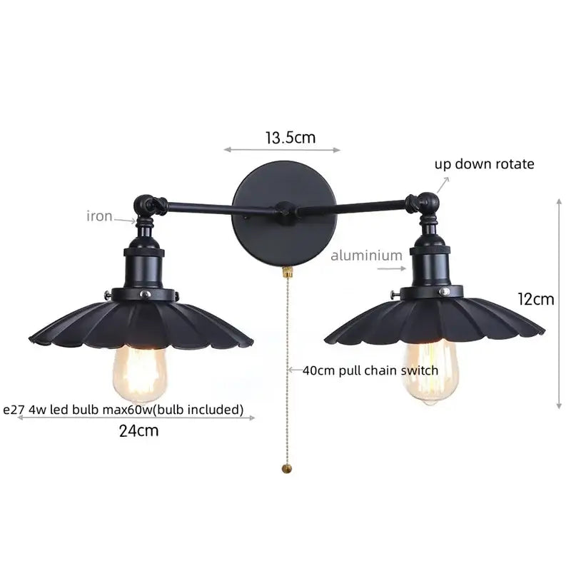 Black wrought iron and aluminum decorbites adjustable rustic led wall lamp with two fluted petal-shaped shades for bedroom sconce