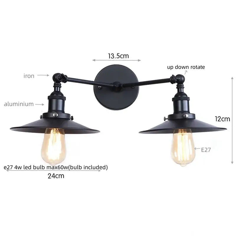 Black industrial-style antique bronze adjustable rustic led wall lamp with two adjustable arms and vintage Edison bulb shades