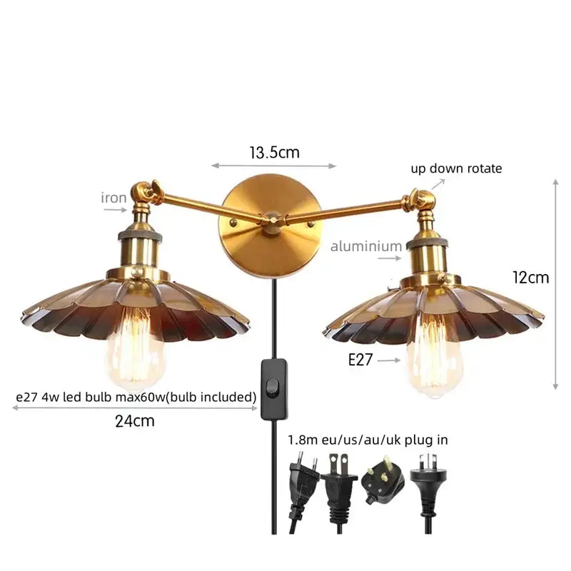 Brass-finished double-arm wall lamp with fluted amber glass shades and e27 led bulbs for decorbites adjustable rustic use