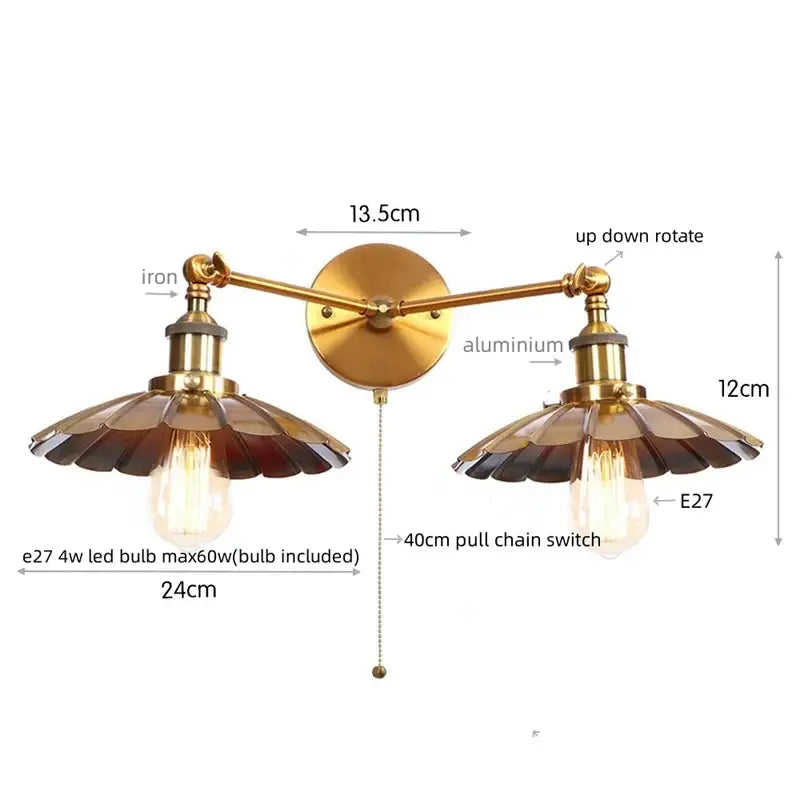Brass-finished wall lamp with two adjustable fluted glass shades and exposed Edison bulbs in decorbites adjustable rustic led style