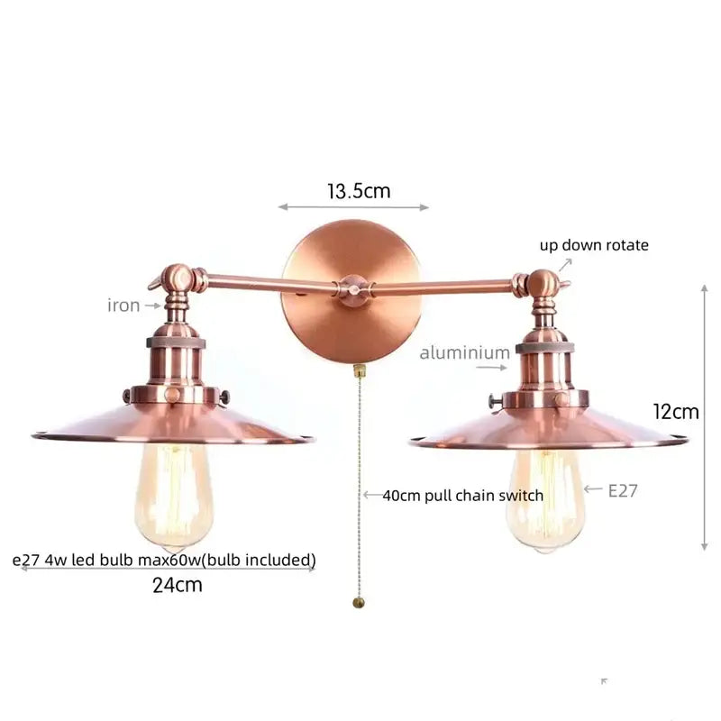 Antique bronze adjustable rustic led wall lamp with copper-finished arms and vintage Edison bulb fixtures for decorbites