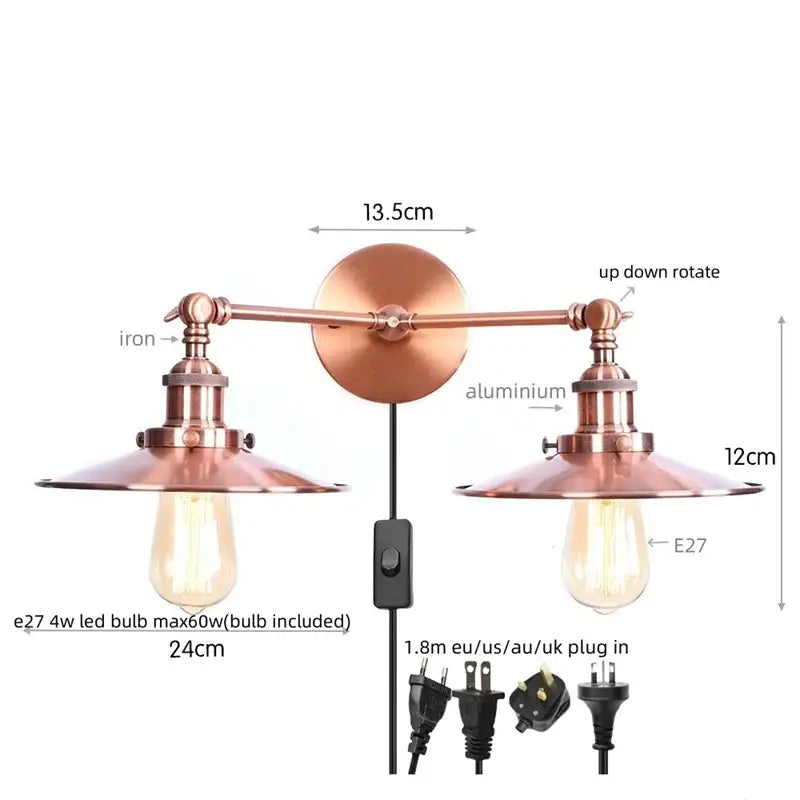 Copper-finished decorbites adjustable rustic led wall lamp with two arms and matching shades for bedroom sconce decor