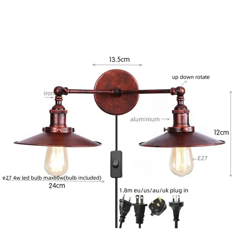 Rust-colored antique bronze adjustable rustic led wall lamp with two arms and vintage edison bulbs for bedroom decorbites
