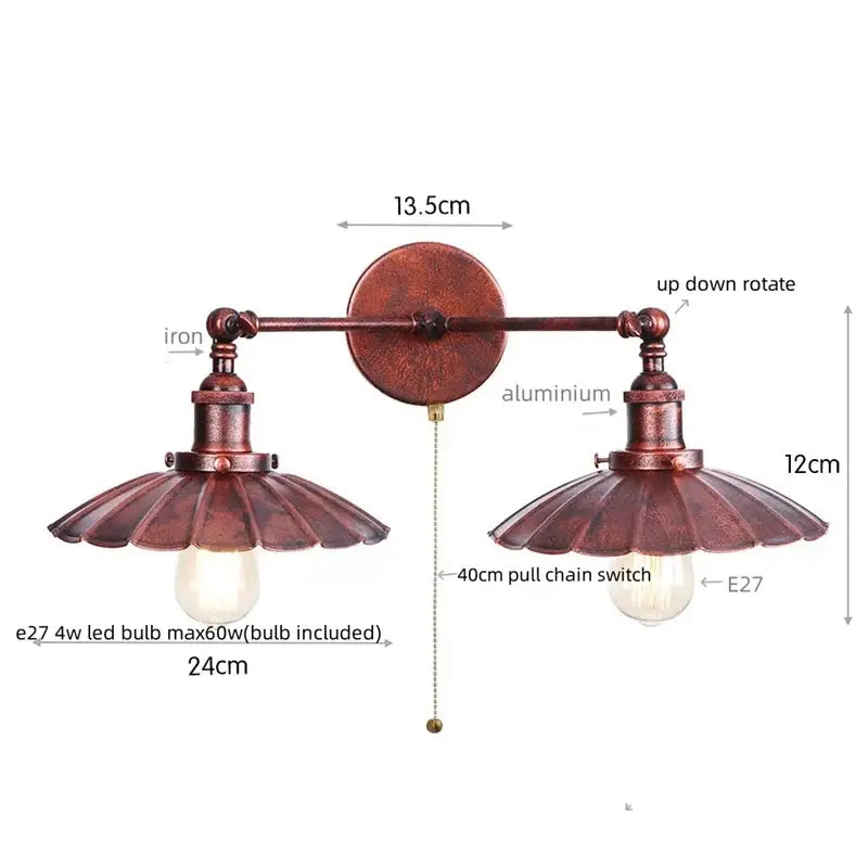 Vintage-style copper-finished antique bronze adjustable rustic led wall lamp with two fluted lampshades and pull-chain switch
