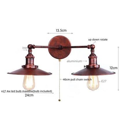 Antique bronze adjustable rustic led wall lamp with copper finish and two dome shades featuring exposed Edison bulbs