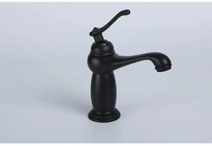 Decorbites™ antique bronze single handle bathroom faucet with curved spout and real shot details in black matte finish