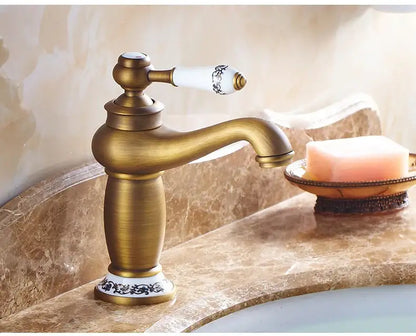Antique bronze decorbites™ bathroom faucet with single handle ceramic base and black floral patterns real shot details