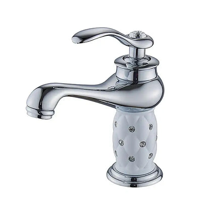 DecorBites antique bronze single handle bathroom faucet with chrome finish white ceramic base and crystal accents real shot details