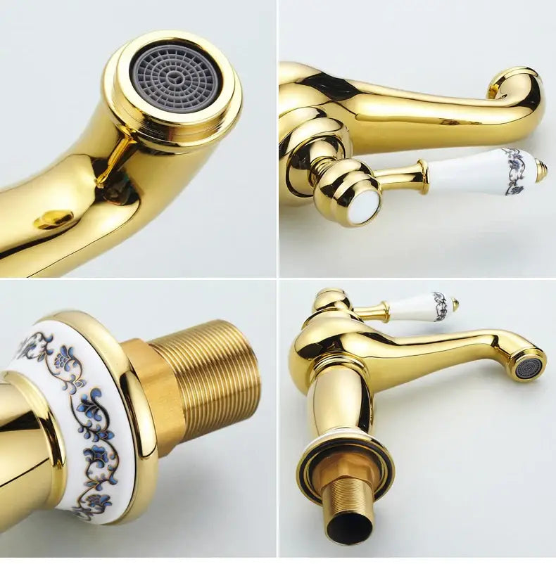 Decorbites™ antique bronze single handle bathroom faucet with gold finish and white ceramic handles with blue floral real shot details