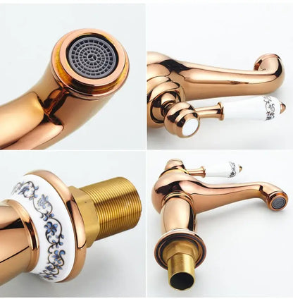 DecorBites antique bronze single handle bathroom faucet with rose gold finish and blue floral ceramic handles real shot details