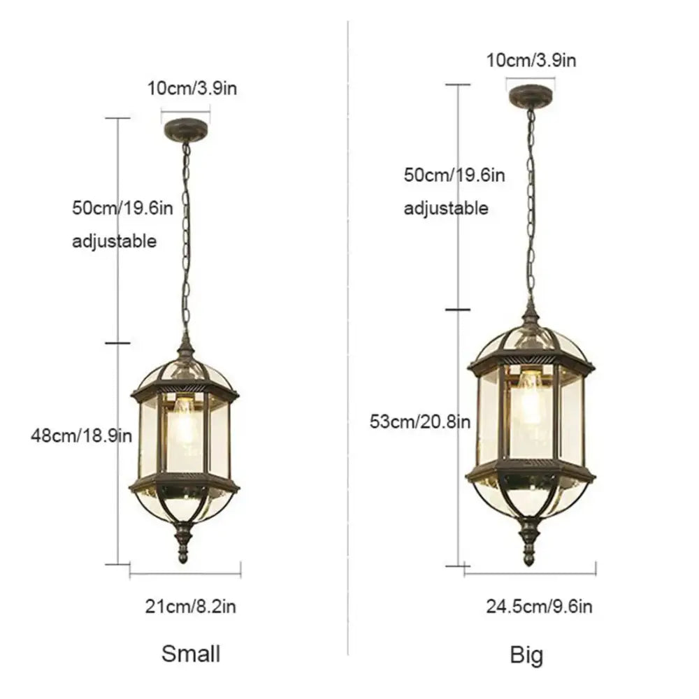 Antique bronze black outdoor hanging pendant light with clear glass panels and ornate metalwork in small or big sizes