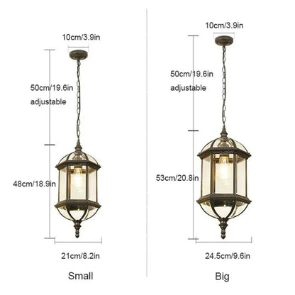Antique bronze black outdoor hanging pendant light with clear glass panels and ornate metalwork in small or big sizes