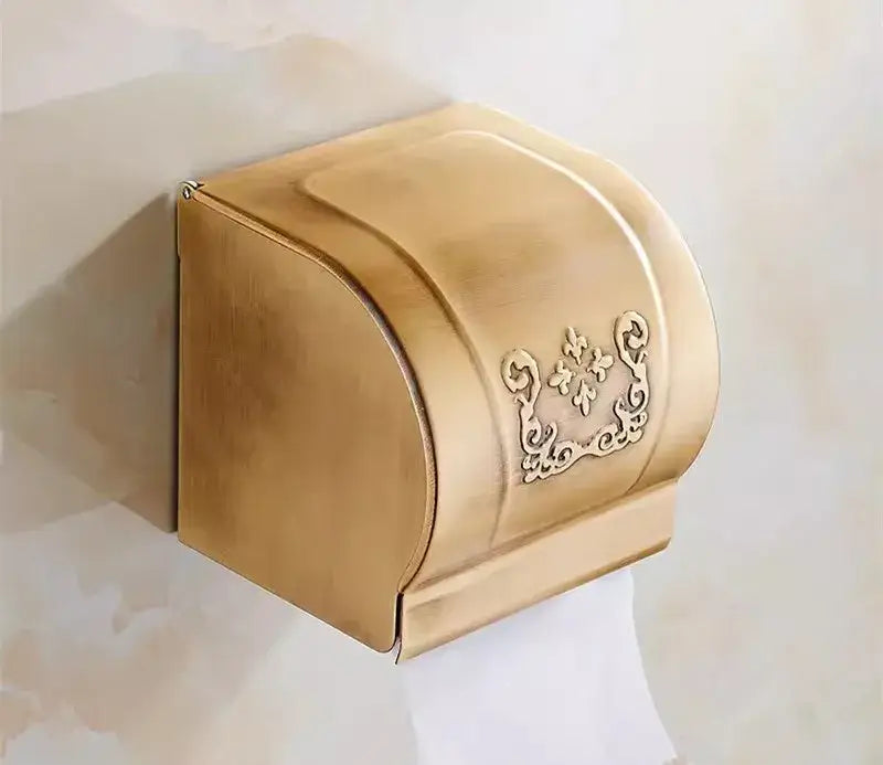 Antique bronze carved toilet paper holder with gold-toned floral engraving in decorbites bronze carved bath accessories set