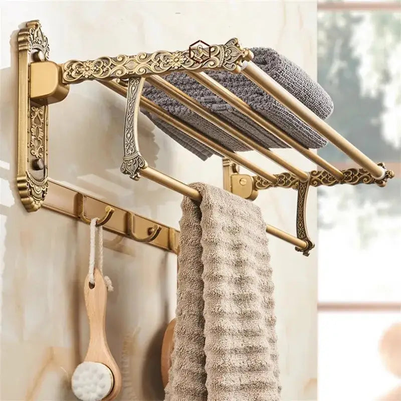 Antique bronze carved bathroom towel rack gold-toned with ornate design and multiple bars for carved bath accessories decorbites bronze carved