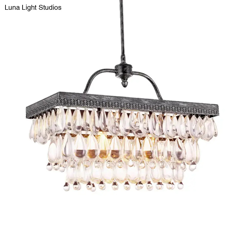 Antique bronze rectangular chandelier with clear crystal teardrop tiers in black metal for dining room light