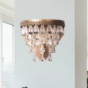 Antique bronze countryside crystal teardrop light wall sconce with brass finish and cascading clear crystal pendants