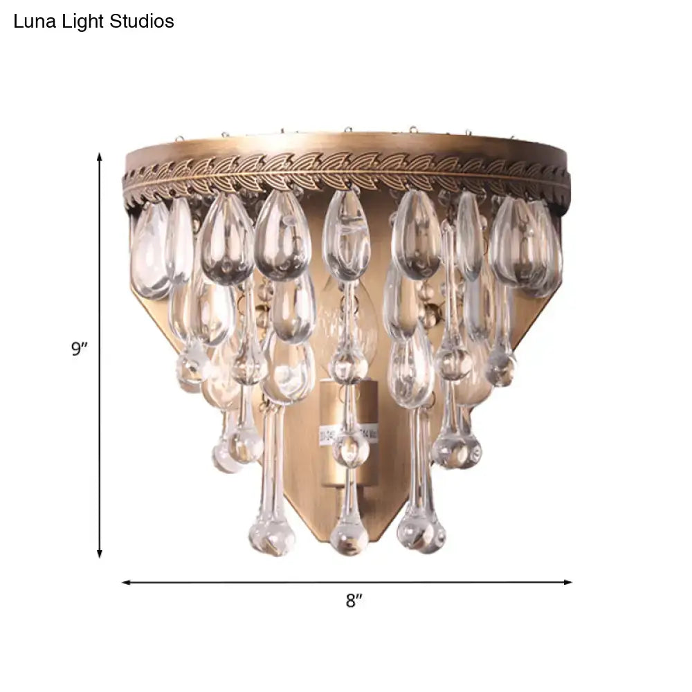 Antique bronze countryside crystal teardrop light wall sconce with brass finish and cascading clear crystal pendants