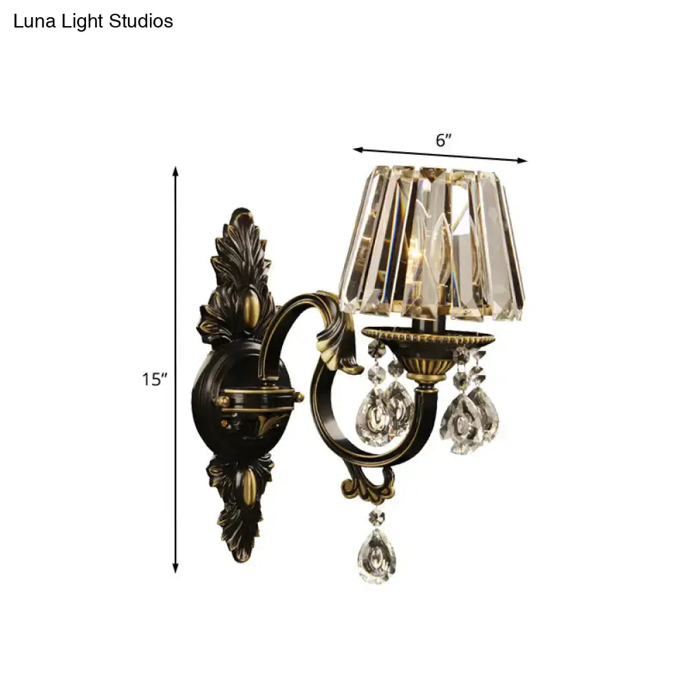 Antique bronze and crystal wall sconce with fluted glass shade and e14 light bulb base for living room use