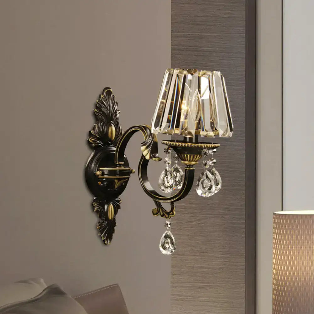 Antique bronze and crystal wall sconce with tiered faceted glass shade and e14 light bulb base for living room