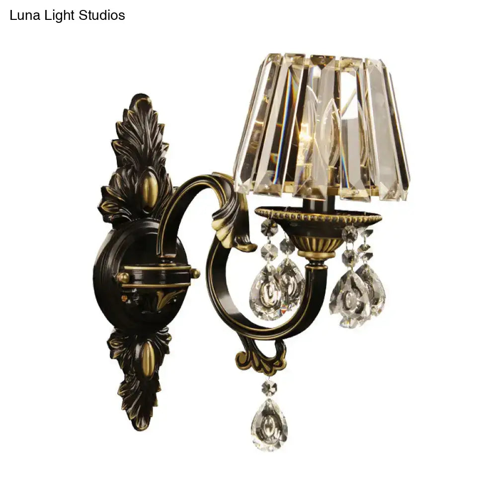 Antique bronze and crystal wall sconce with faceted shade and teardrop crystals for e14 light bulb base