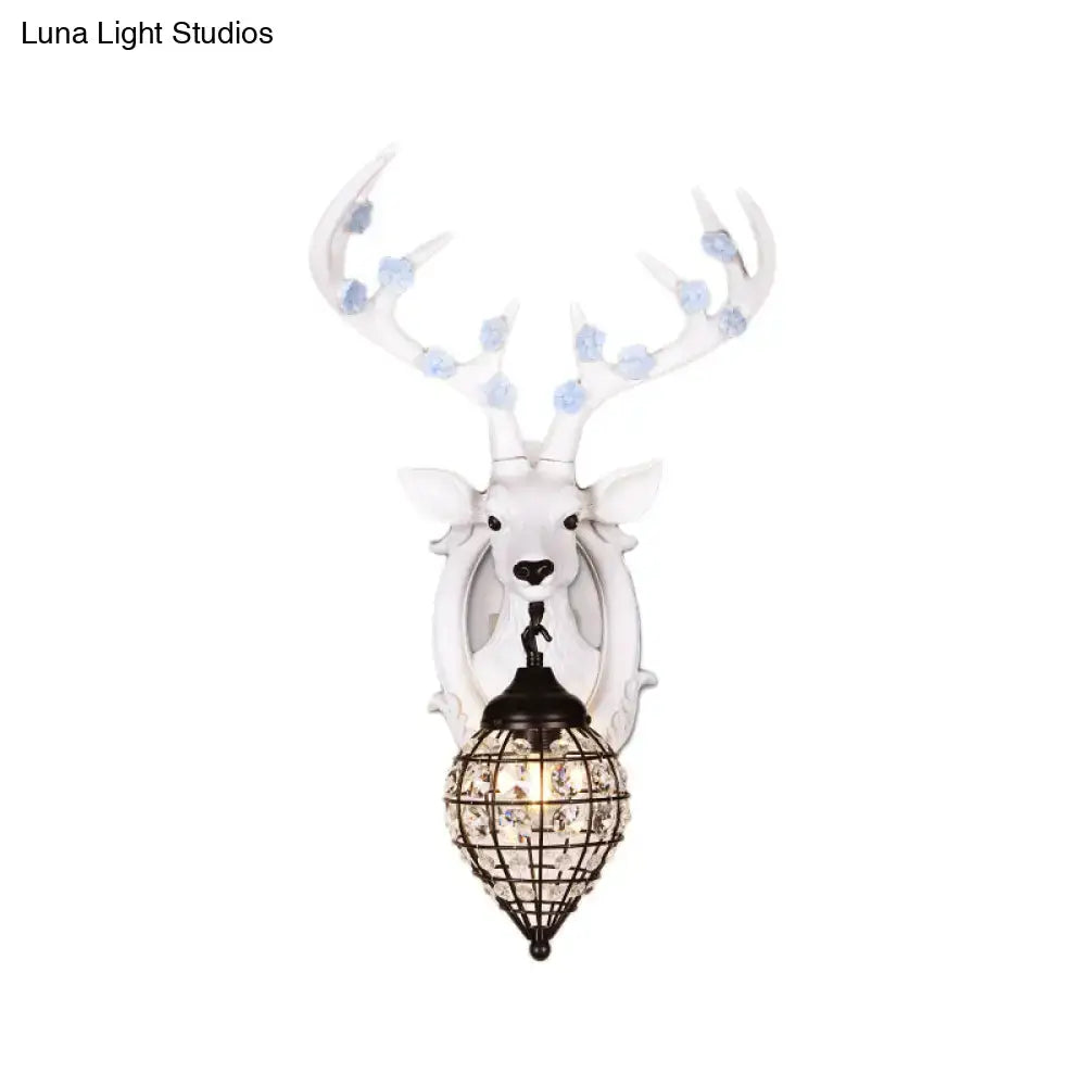 Antique bronze deer head wall lamp with crystal teardrop shade and blue floral antler accents for living room sconce 110v-120v 220v-240v
