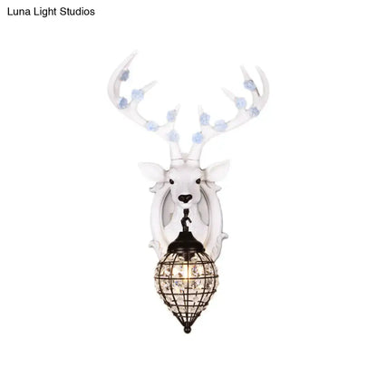 White ceramic deer head wall lamp with black wrought iron and crystal lantern shade suitable for 110v-120v 220v-240v use