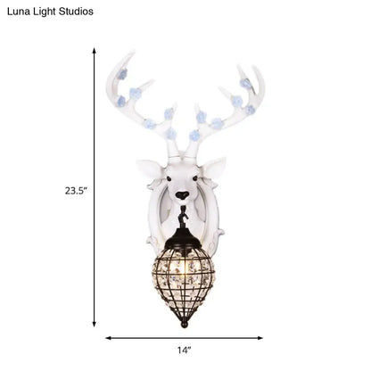 Antique bronze deer head wall lamp with light blue floral accents and black metal cage pendant for living room 110v-120v 220v-240v