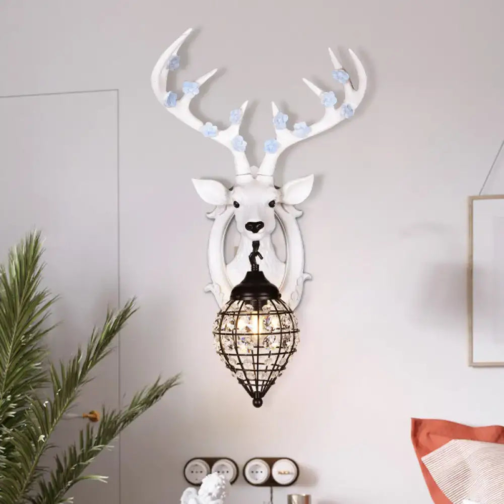 Antique bronze deer head wall lamp with decorative antlers and black metal cage pendant 110v-120v 220v-240v wall sconce