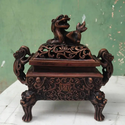 Antique bronze double dragon lion incense burner with intricate floral carvings and mythical creature lid for living room ornament