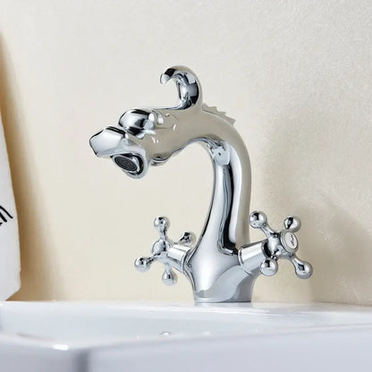 Chrome finished basin faucet with ornate dragon-themed cross handles by decorbites for bathroom vessel sinks
