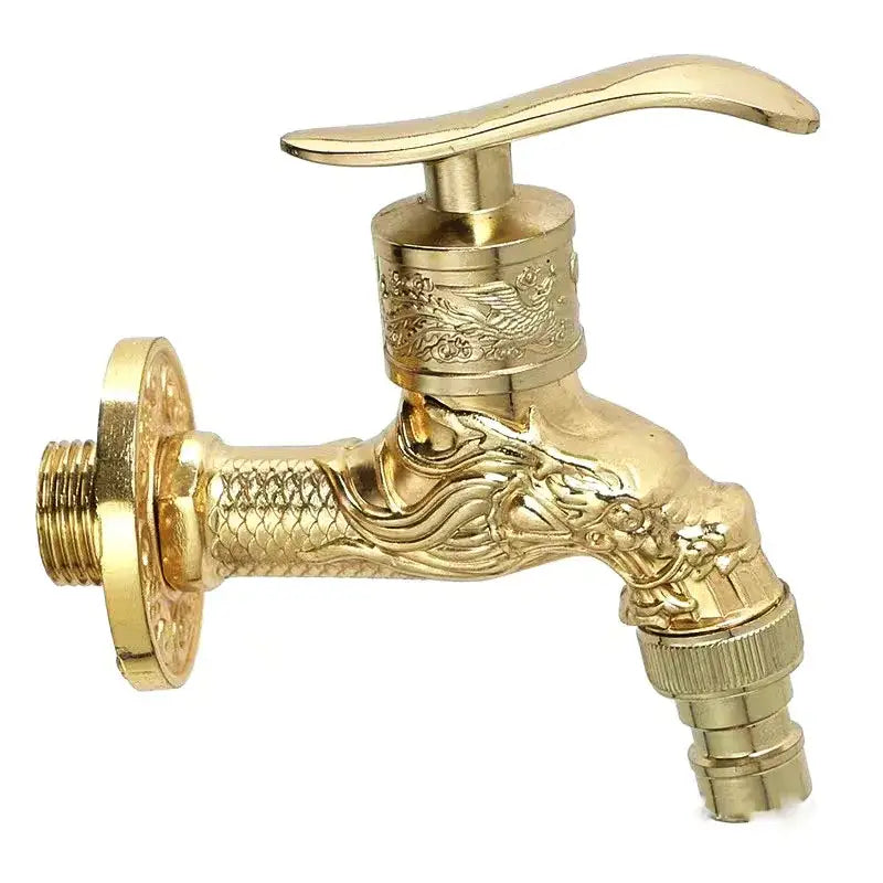 Antique bronze dragon tap bibcock outdoor garden faucet in golden brass with intricate dragon design and ornate detailing