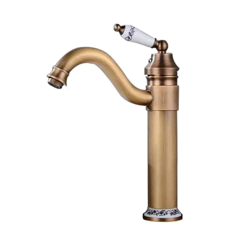 Antique bronze finish bathroom sink faucet with swivel spout and decorbites bronze finish ceramic handle and floral patterns