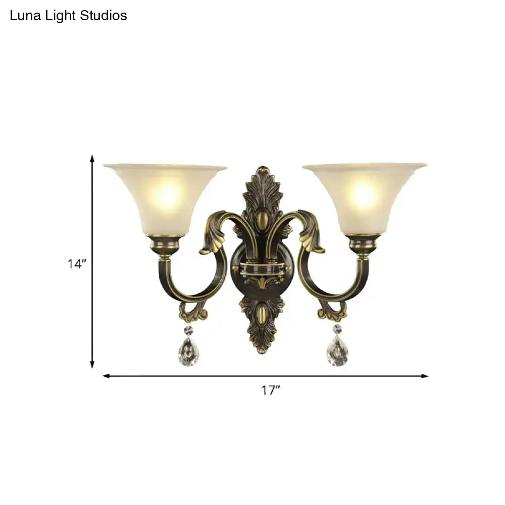 Antique bronze and gold wall mounted light fixture with e26 e27 sockets, brass two-light sconce, frosted glass, and crystal pendants