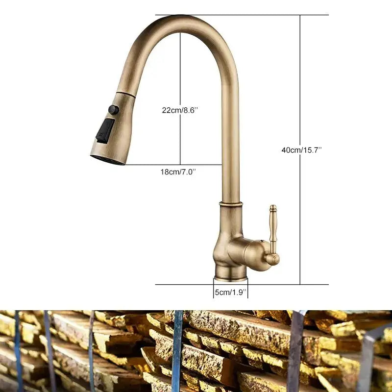 DecorBites antique bronze kitchen faucet with curved spout and pull-down spray head in bronze finish
