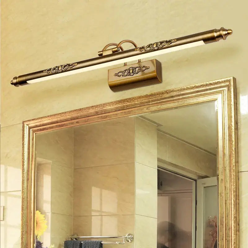Antique bronze ornate led mirror lamp with brass finish and floral engraving for bathroom wall decor