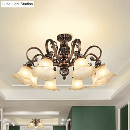Antique bronze-finished DecorBites™ semi flush light with five cream floral opal glass shades for e26 e27 bulbs