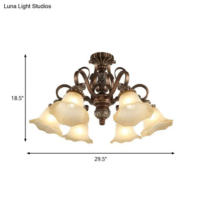 Decorbites™ floral shade semi flush light with antique bronze finish five bell-shaped cream opal glass shades e26 e27 bulbs