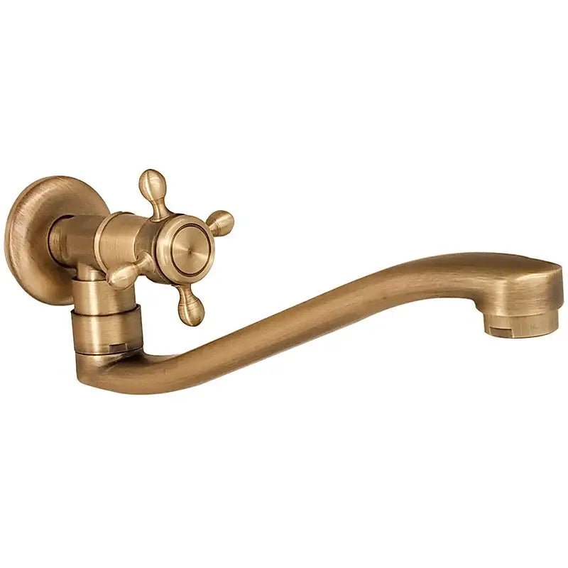 Antique bronze single cold wall mounted kitchen mop pool faucet with brass finish curved spout and ornate cross-handle single hole