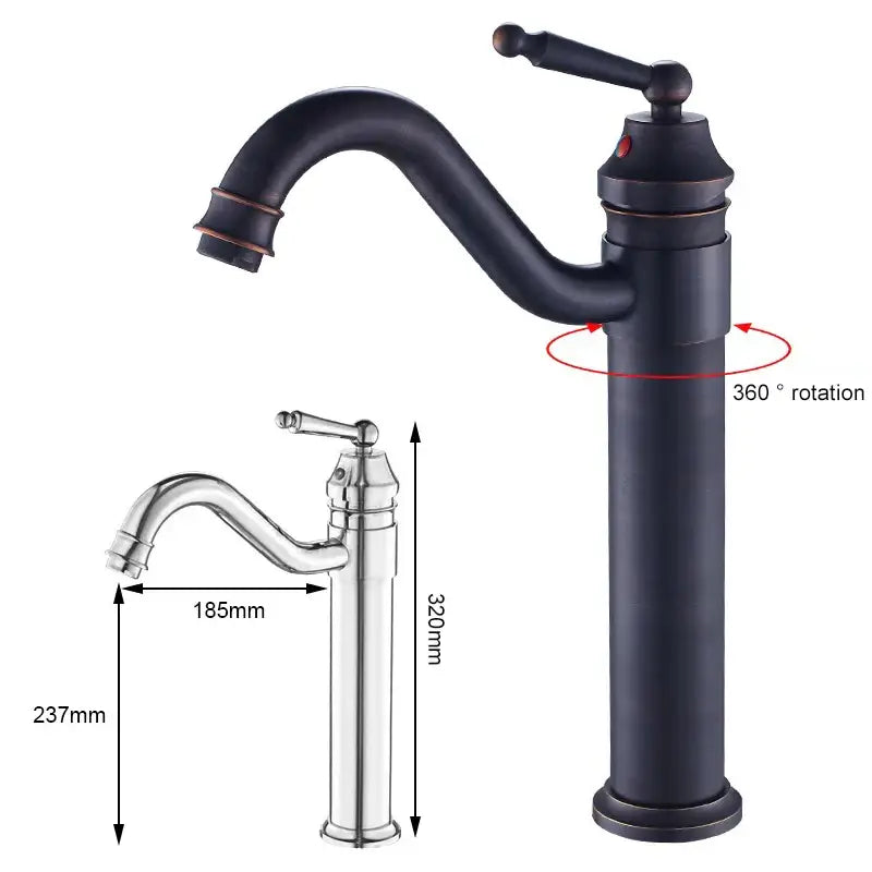 Antique bronze tall curved spout bathroom sink faucet mixer in black matte finish with ornate handle and copper accents
