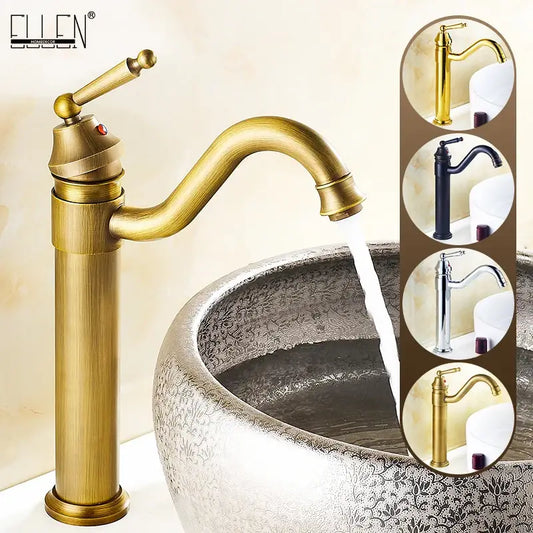 Antique bronze tall curved spout bathroom sink faucet mixer with brass finish and decorative handle over ceramic sink