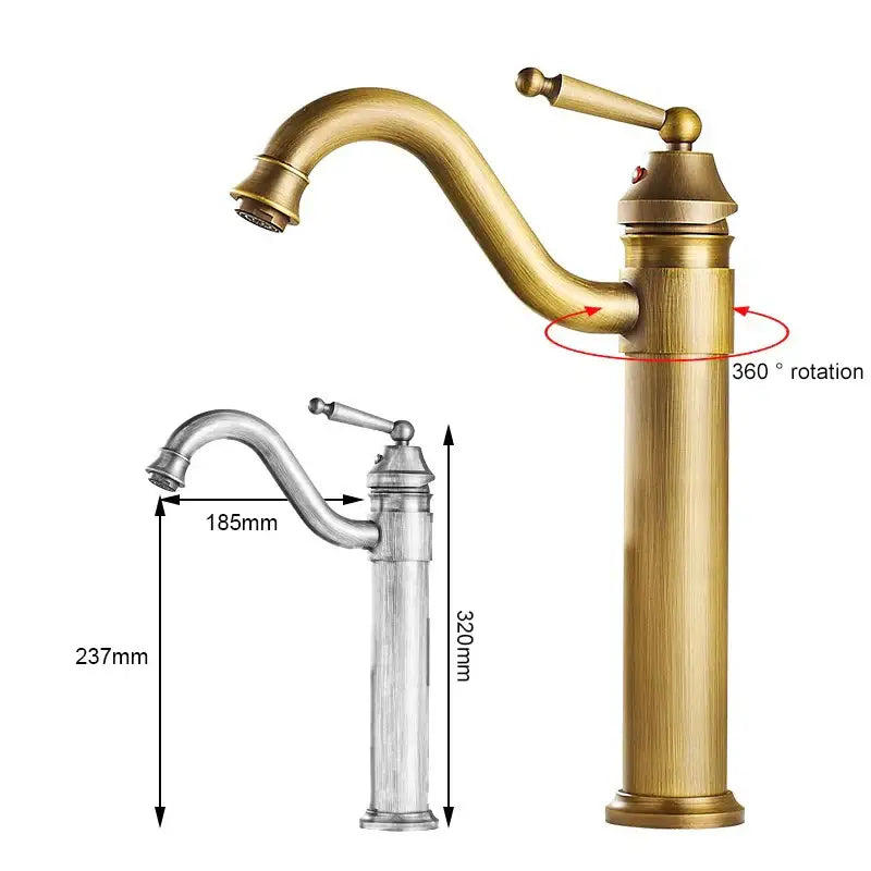 Antique bronze tall curved spout bathroom faucet with antique brass and chrome finish and 360-degree rotating spout