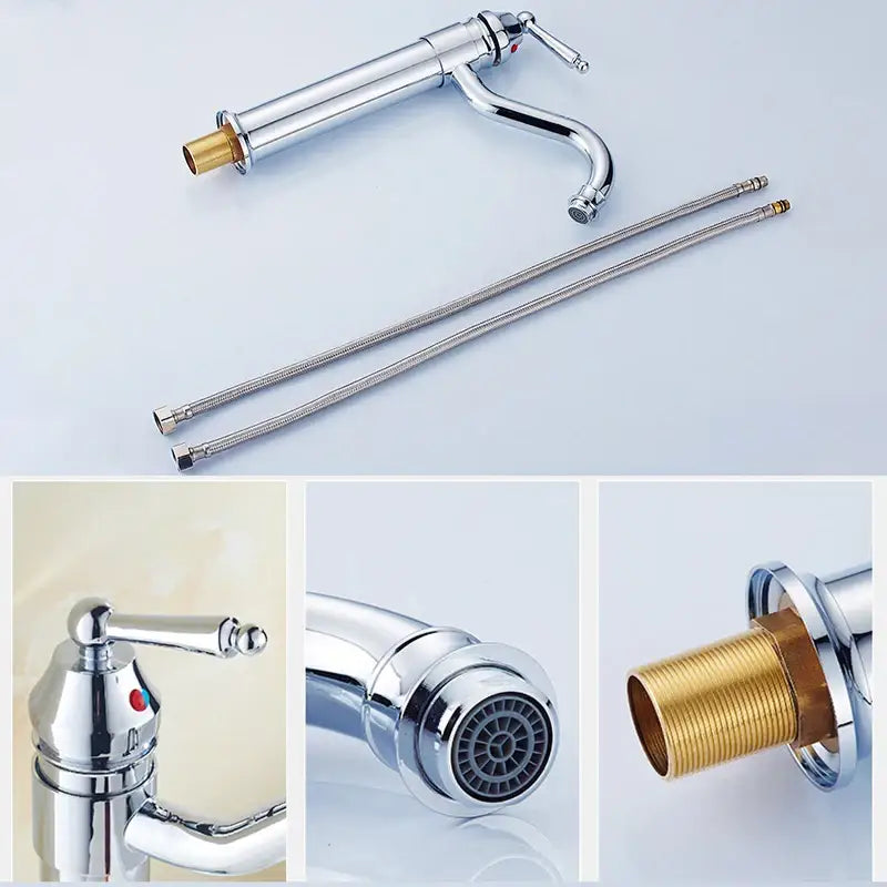 Antique bronze tall curved spout bathroom sink faucet mixer with chrome finish single handle brass base and flexible hoses