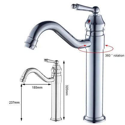 Chrome finished tall single-handle bathroom faucet with curved spout and 360-degree rotation in antique bronze style