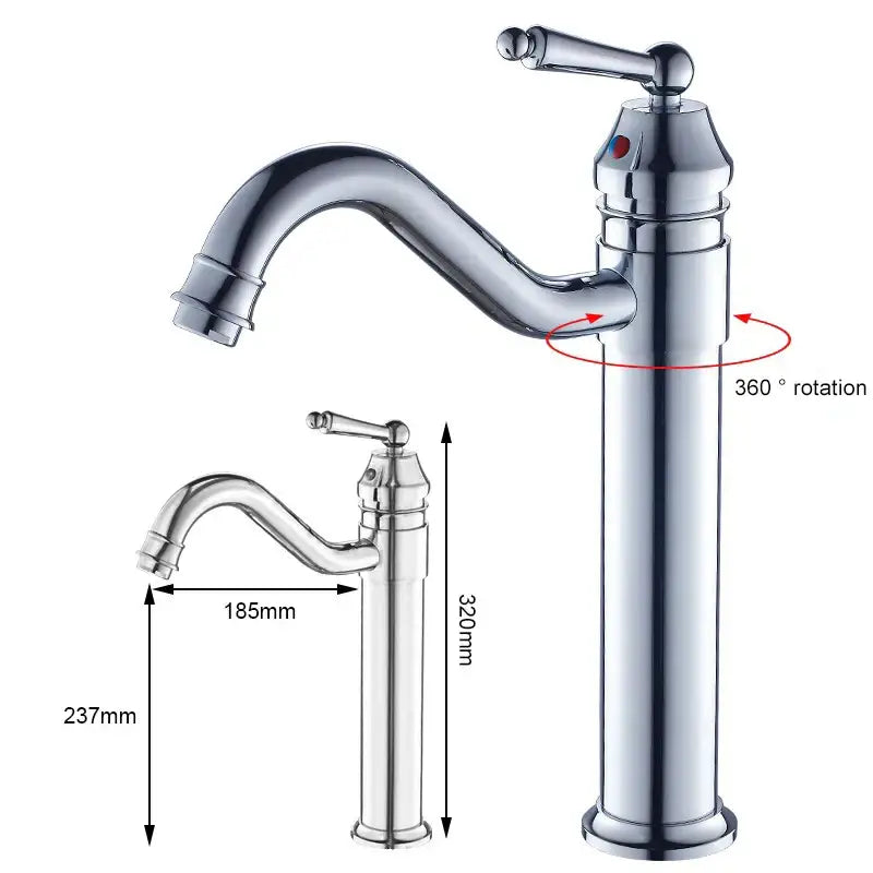 Chrome finished tall single-handle bathroom faucet with curved spout and 360-degree rotation in antique bronze style